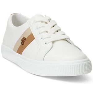 Lauren Ralph Lauren Janson II Leather Sneakers White W/sand & Beige Stripe Sz 9